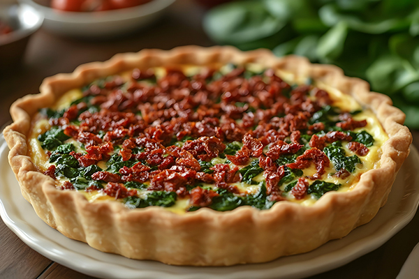 Spinach & Feta quiche with Sundried Tomato garnish.