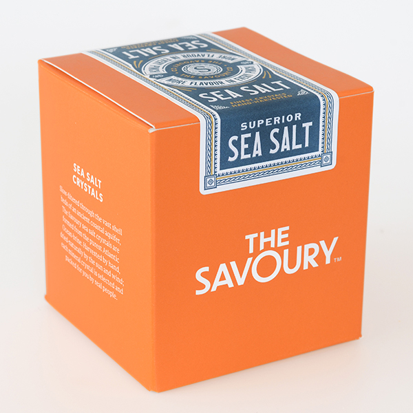 The Savoury - Oblique front and top view of the orange pack on the Savoury Superior Sea Salt page