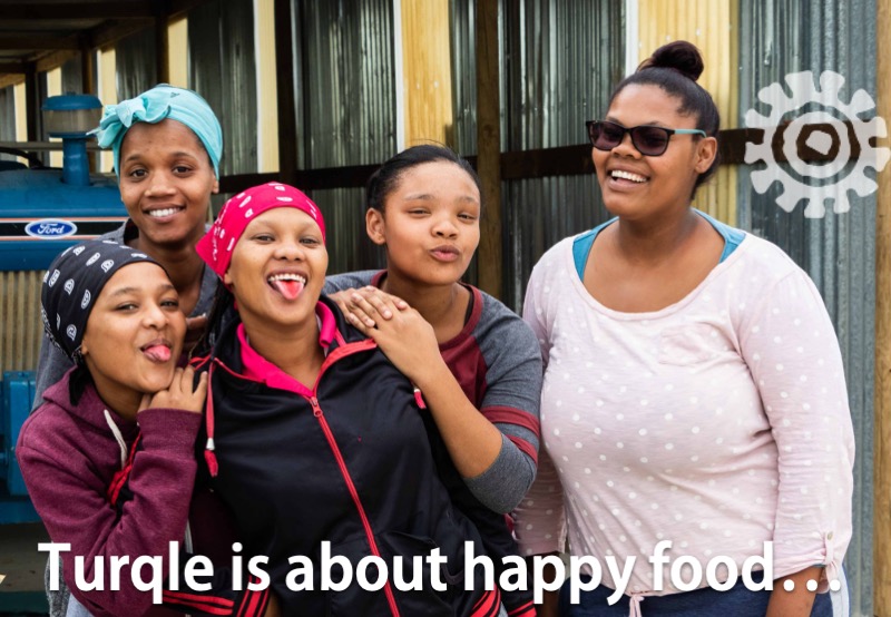 Turqle is about Happy food on image of Fynbos workers arriving for work